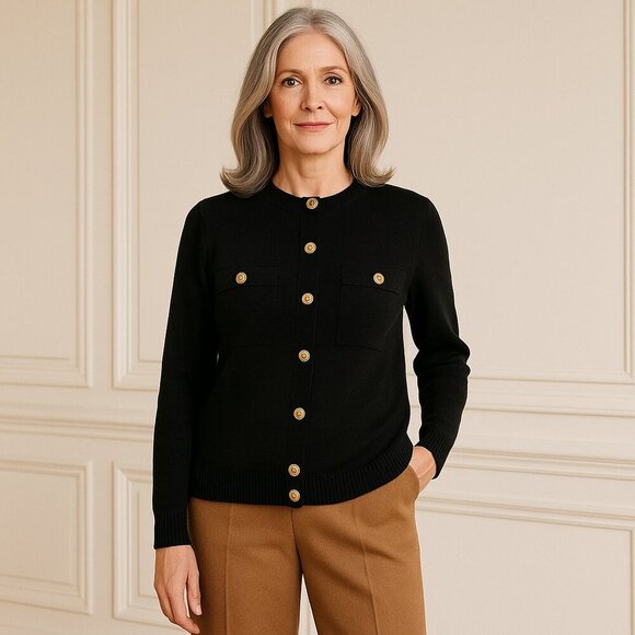 St. John Sweaters - ST. JOHN Black Santana Knit Cardigan Sweater Jacket Insignia Crest Gold Buttons